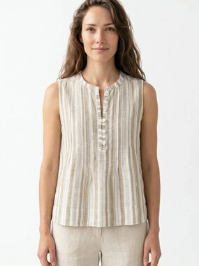 FAHERTY | NEW Isha Natural Bombay Stripe Linen Top Tan White Women’s Size Small
